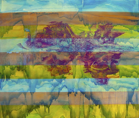 'Triboelectric Series 2', 2013/4<br/>Acrylic on polythene dustsheet<br/>3.6 x 3.6 m<br/>