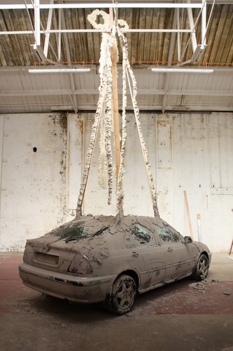 Loving all my Life. Car, clay, expanding foam, wood and tin foil. 2011. Aid&Abet, Cambridge, UK.<br/>