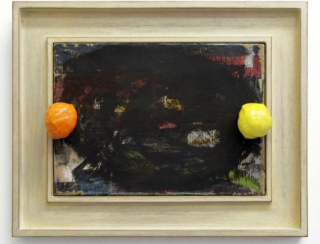 The Field | 2012 | Oil and glazed ceramics on found painting, bespoke frame<br/>