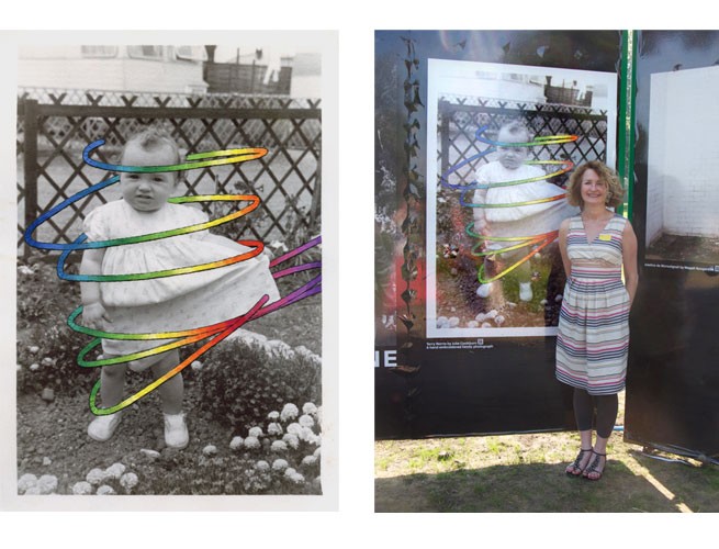 Left:  Terry Norris  |  2012  |  Embroidery on family photograph<br/>Right:  Terry Norris standing in front of the work in situ <br/>The Photographers' Gallery 'The World In London' project, Victoria Park, London E2<br/>