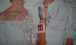 detail (ink, postcard, acrylic on Benetton banner)