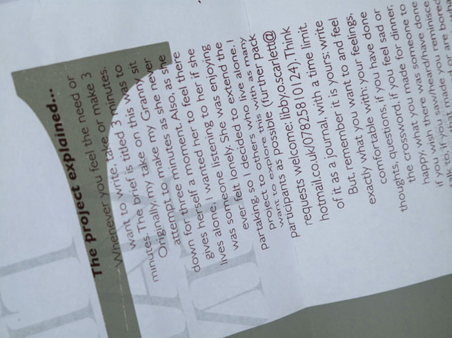 Pack sent to participants to introduce the project<br/>Screen printed on newsprint<br/>