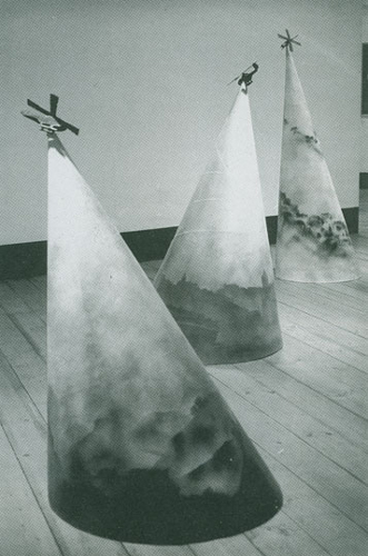 Town, Country and People<br/>Cardboard, masking tape, wood, spraypaint<br/>Dimensions variable, 1986<br/>