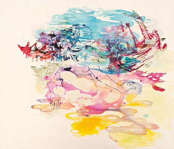 Lowell Boyers, A Backward Glance, Touching the Golden Reflection of Her Mind, 2011, <br/>acrylic, resin, watercolor and ink on canvas<br/>72 x 72 inches (183 x 183 cm)<br/>