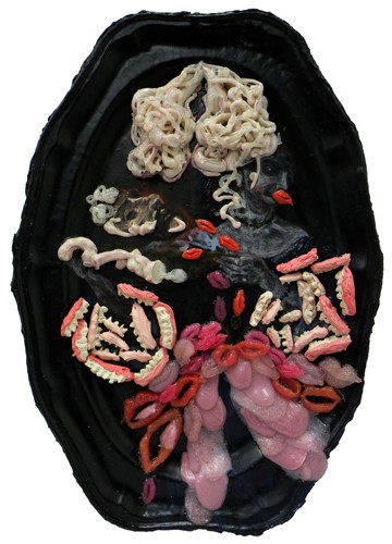 Johns Overfaced<br/>Acrylic on aluminium platter<br/>